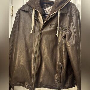 Men's Brown Leather Jacket with Hood